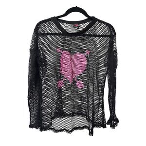 Y2K Hard Candy Black Fishnet Long Sleeve Pink Heart Mesh Top Womens L